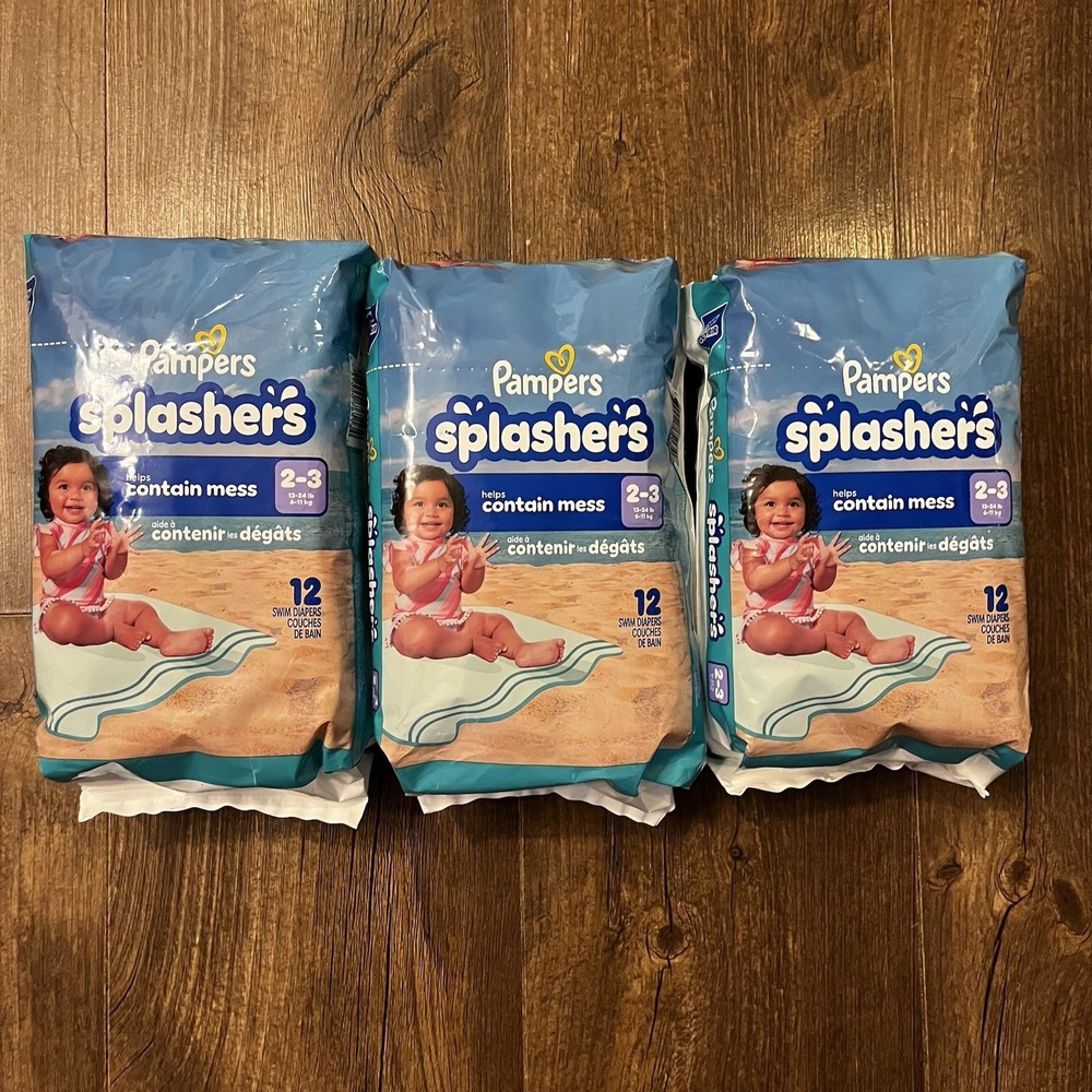 3 New‎ Pampers Splashers 12 Pack Swim Diapers Size 2-3 (13-24 lbs) Total 36